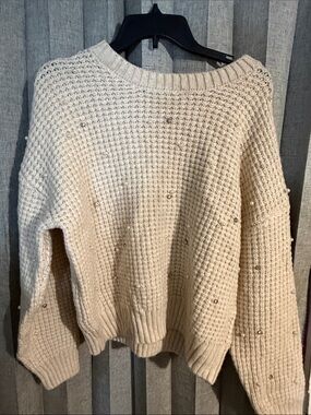 Embellished Cream Waffle-Knit Crewneck Sweater